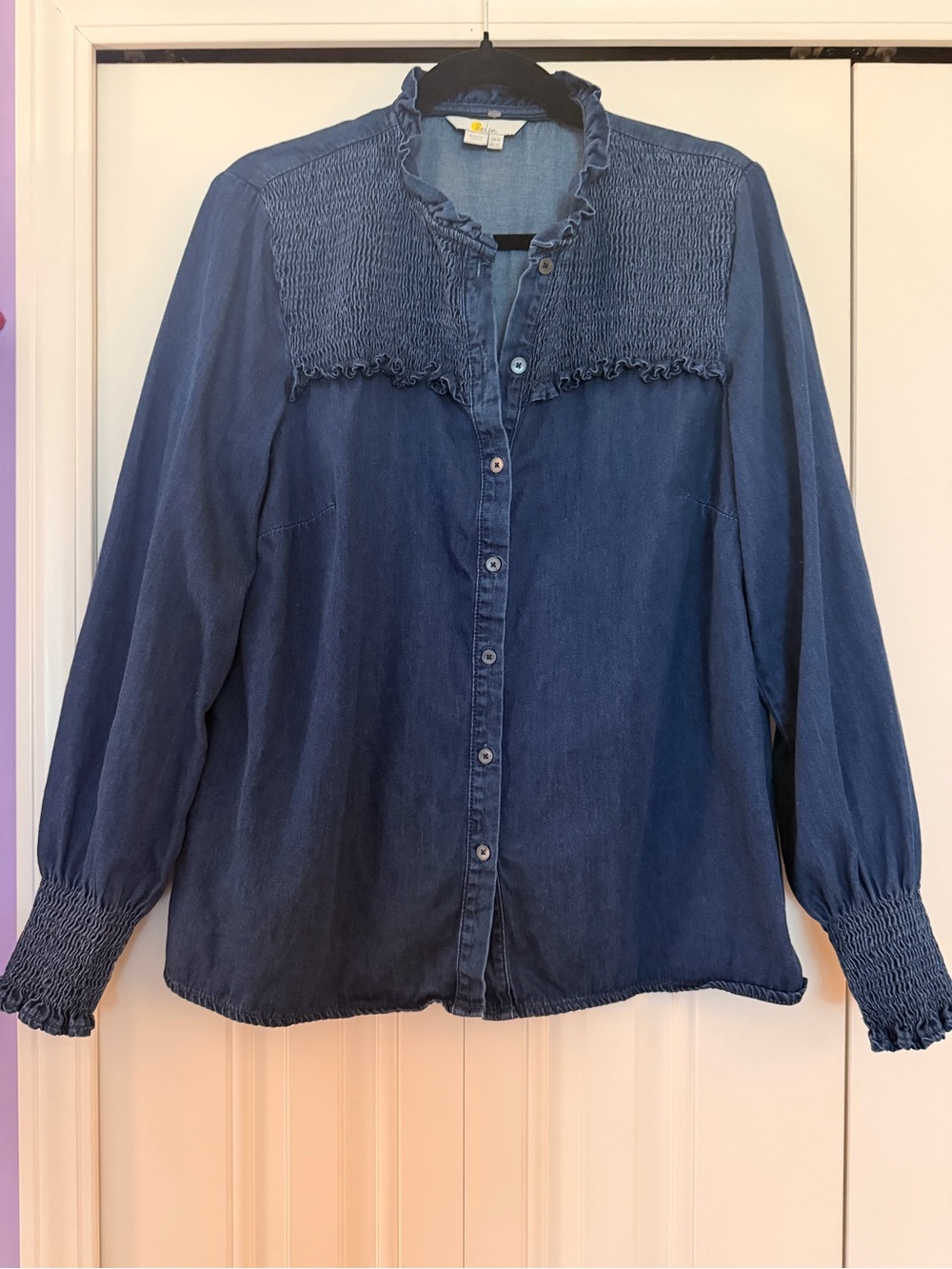 Boden Blue Denim Smocked Yoke Button-Down Shirt - Picture 3 of 8